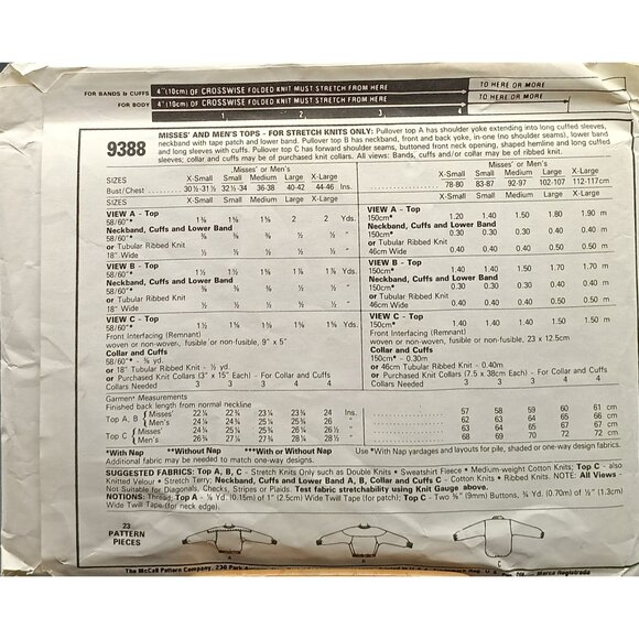 UNCUT Vintage McCalls 9388 Sewing Pattern For Misses & Mens Pullover Tops Size M - Picture 2 of 2